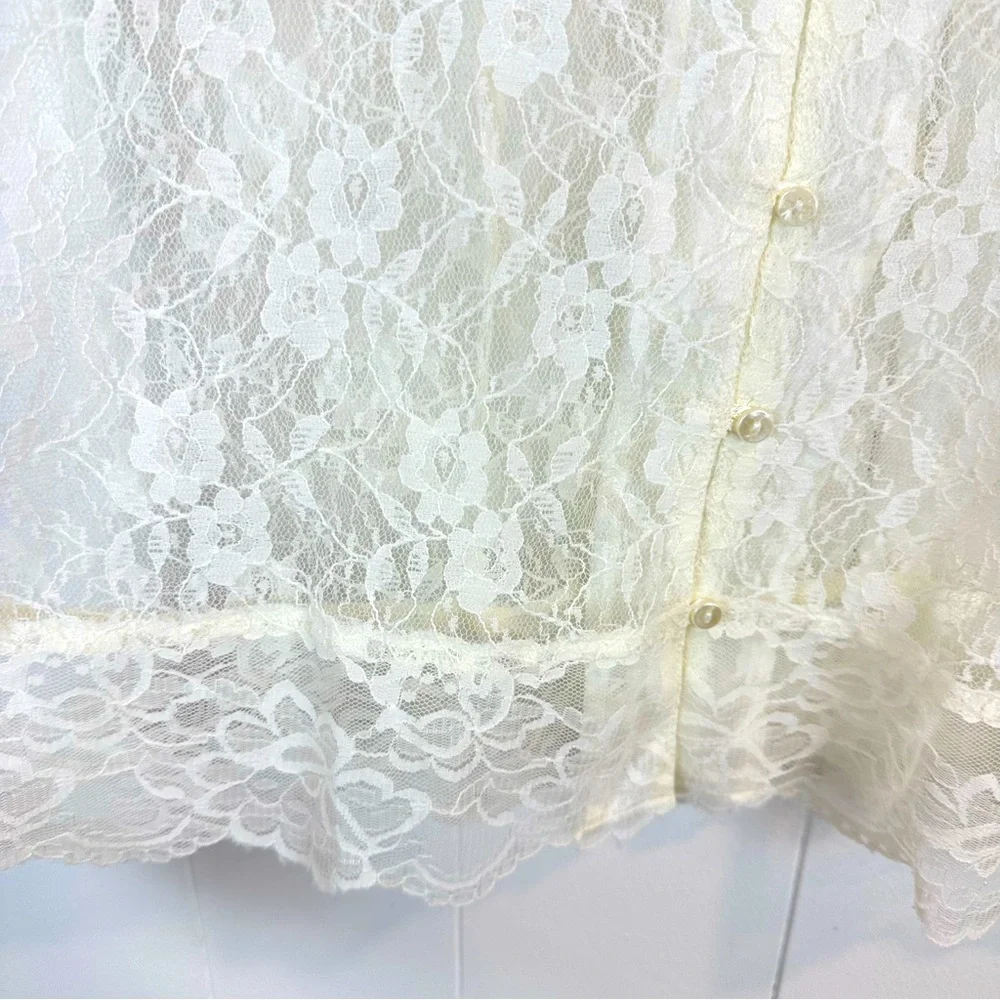 Claudia Richard Sheer Lace Fitted Button Front Short Sleeve Top Women’s Size L - Picture 4 of 9